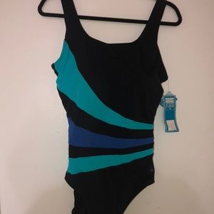 Aqua/Black/Blue one piece bathing suit
